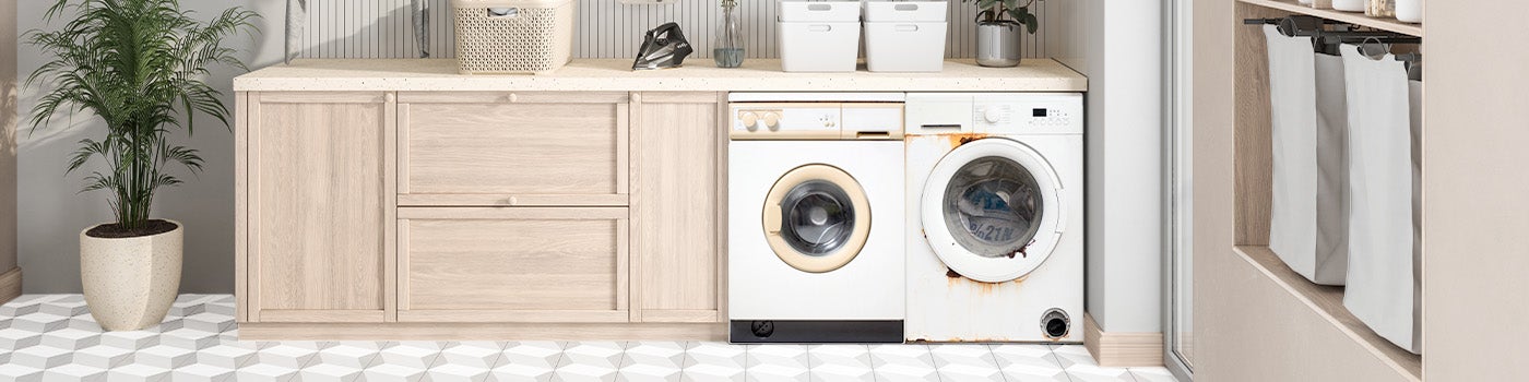 Laundry room with old white goods that need removal and recycling